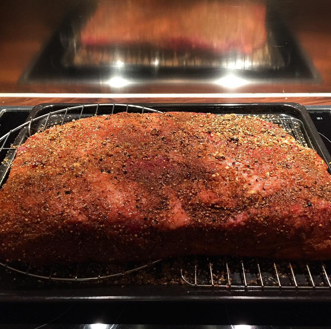 A 3.5 kg beef brisket, brined and rubbed for about to go on my at 23:00